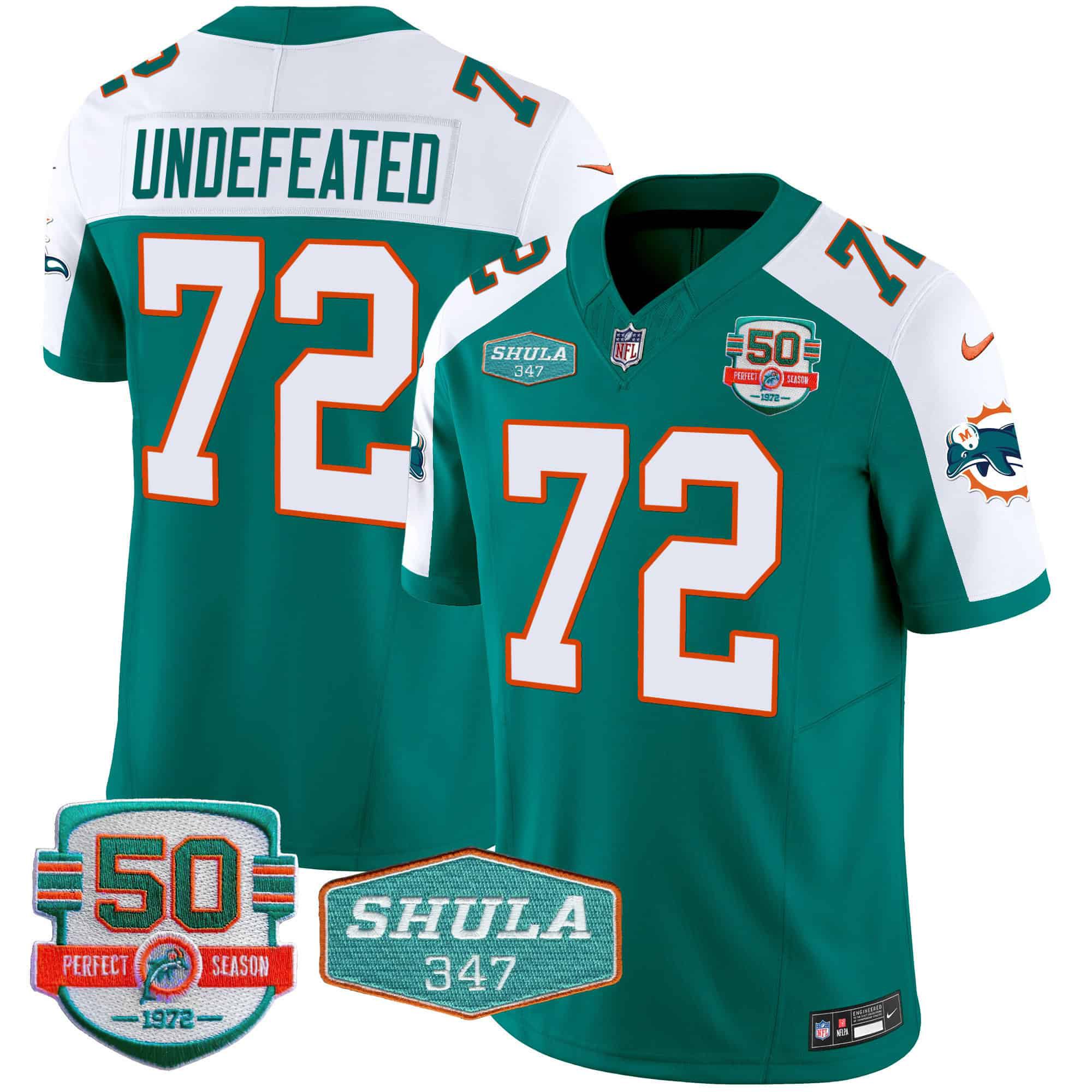 Men Miami Dolphins #72 Undefeated Green 2024 Nike Throwback Shula 347 Patch Vapor NFL Jersey